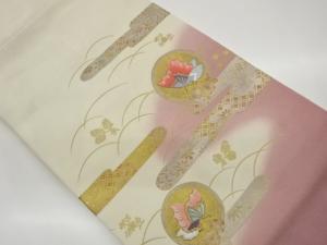 金彩銀通しヱ霞に蝶丸文・七宝・花々模様刺繍名古屋帯